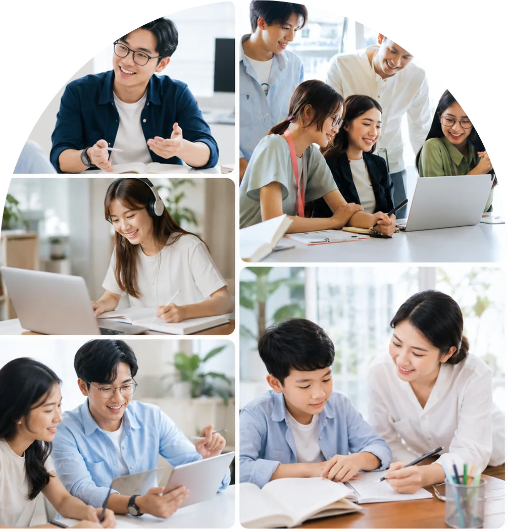 Tranh ghép năm cảnh học tập: nam sinh áo sơ mi xanh đeo kính giơ tay giảng bài, nữ sinh đeo tai nghe học bên laptop, đôi bạn xem máy tính bảng, nhóm bốn bạn trẻ cùng cười bên laptop, cô giáo kèm cậu bé viết bài