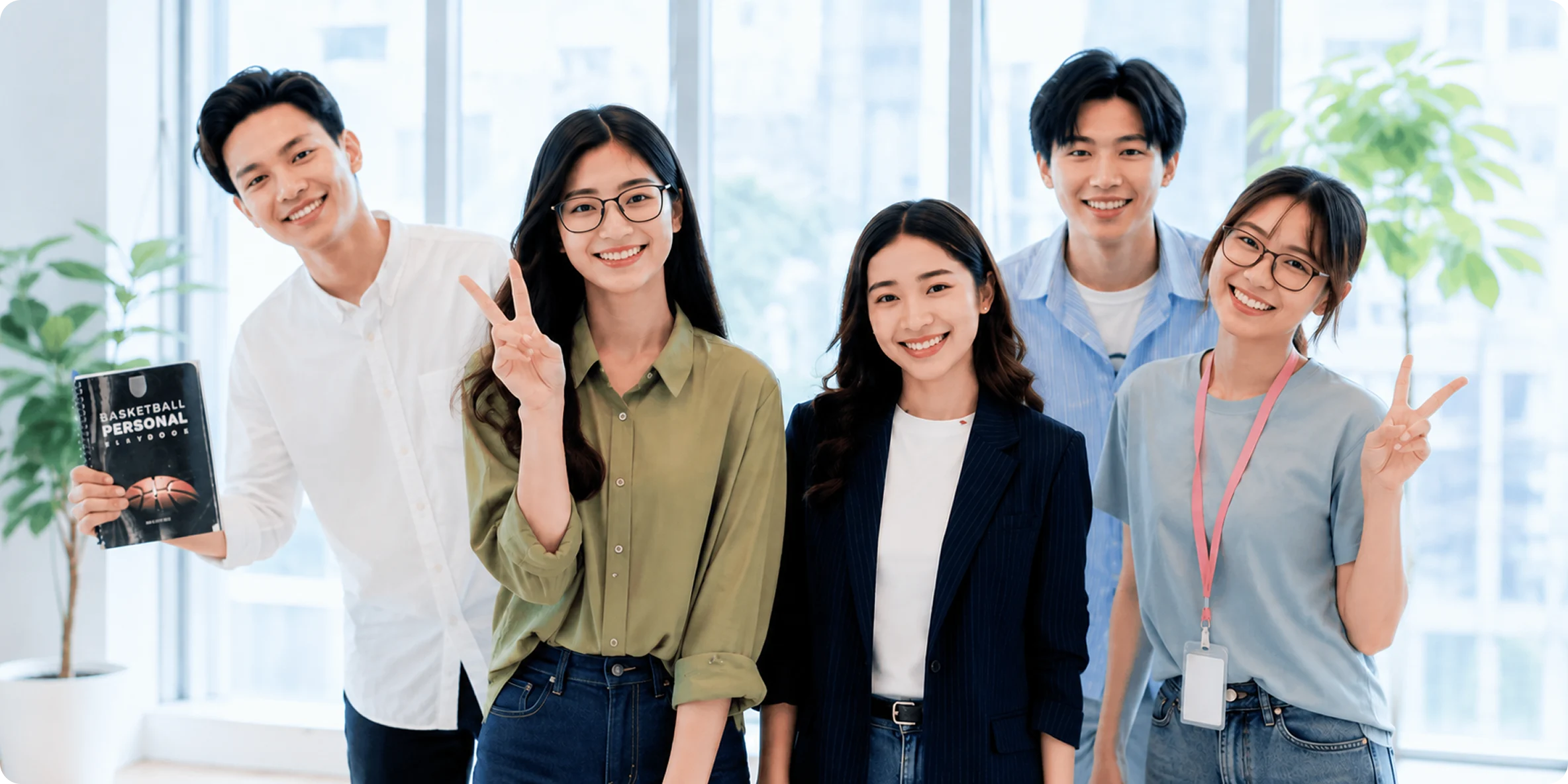 Năm bạn trẻ đứng cạnh nhau cười tươi trong văn phòng sáng, hai người giơ tay chữ V, một người cầm cuốn sổ bóng rổ — ảnh dải «Chương trình học cho mọi lứa tuổi»