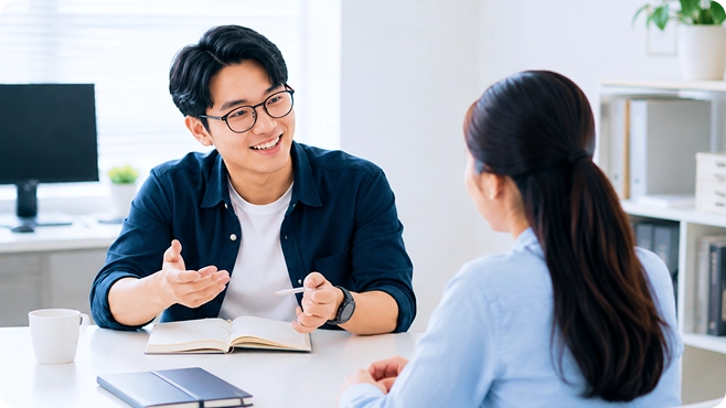 Nam tư vấn viên đeo kính, áo sơ mi xanh đậm, mở sổ giải thích cho một phụ huynh tóc dài ngồi đối diện — ảnh thẻ «Phụ huynh»