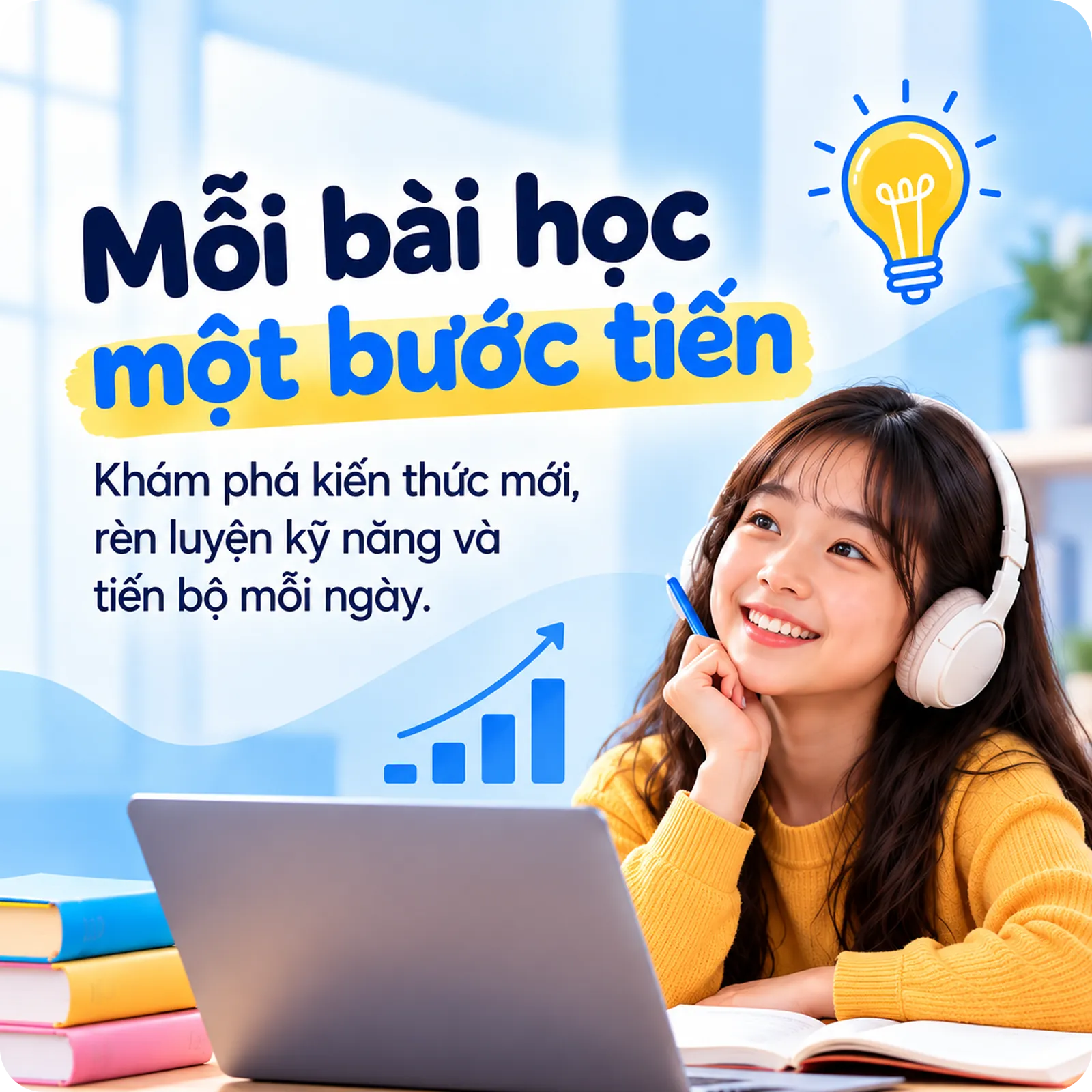 Nữ sinh áo vàng đeo tai nghe mỉm cười bên máy tính xách tay, bóng đèn ý tưởng và biểu đồ đi lên, chữ «Mỗi bài học một bước tiến — khám phá kiến thức mới, rèn luyện kỹ năng và tiến bộ mỗi ngày»