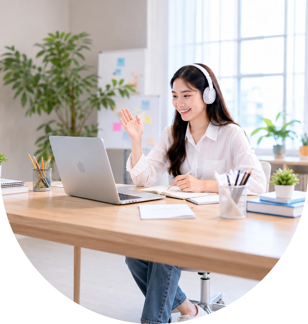 Cô gái đeo tai nghe trắng, áo sơ mi trắng, ngồi bên bàn gỗ vẫy tay chào trước laptop, quanh có cây xanh và sổ bút — ảnh hero trang Liên hệ