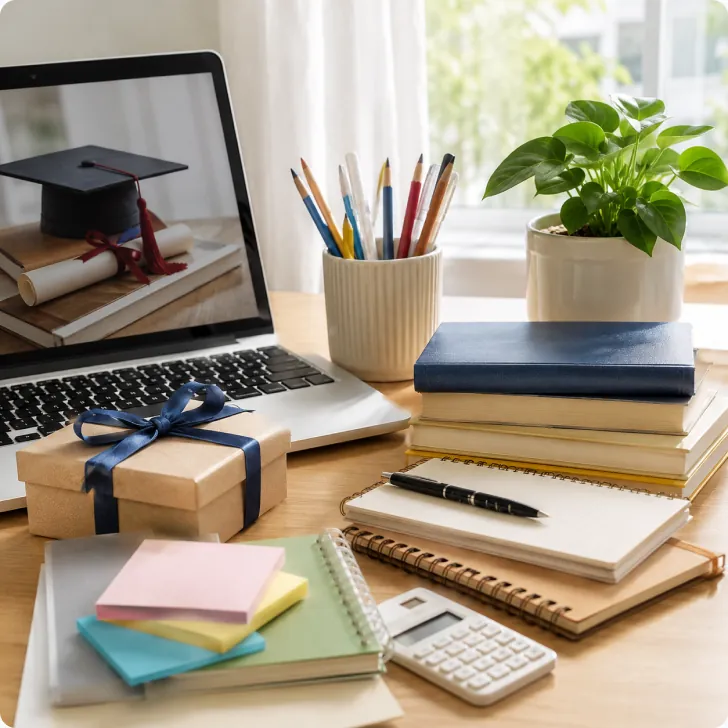 Laptop mở cạnh chồng sách, mũ tốt nghiệp, ống bút, hộp quà và chậu cây xanh trên bàn — thẻ «Đơn vị học liệu và sản phẩm giáo dục»