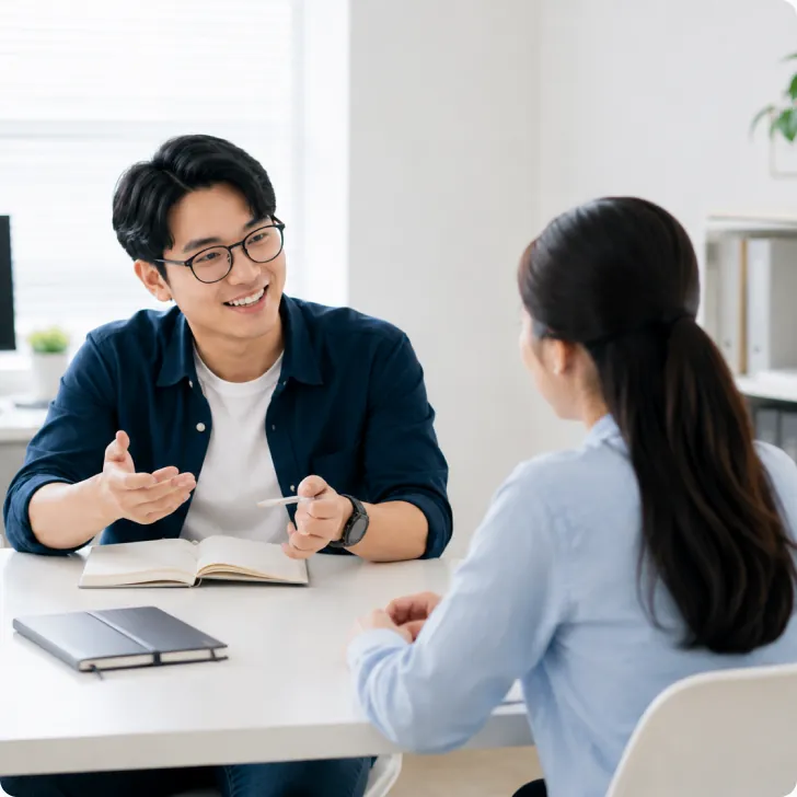 Nam áo khoác xanh đậm đeo kính trao đổi với một nữ tóc dài ngồi đối diện tại bàn làm việc — thẻ «Doanh nghiệp và bảo hiểm giáo dục»