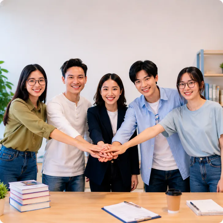 Sáu người trẻ đứng quanh bàn làm việc chụm tay ở giữa và cười — thẻ đối tác thứ năm