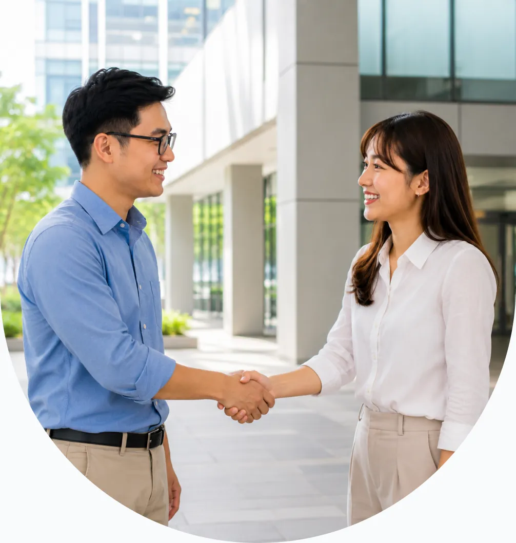 Nam áo sơ mi xanh và nữ áo sơ mi trắng bắt tay nhau trước toà nhà kính — ảnh hero trang Hợp tác đối tác
